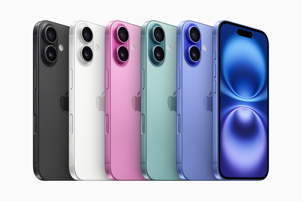 iPhone 16 цвета — ультрамарин, бирюза, розовый, белый, чёрный